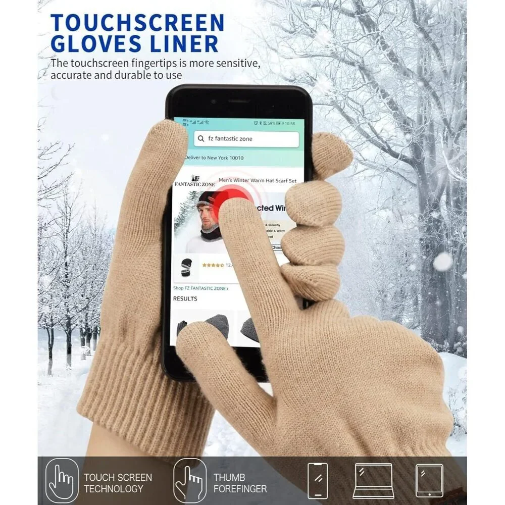 Women's Khaki Winter Touchscreen Wool Magic Warm Knit Fleece Lined Gloves